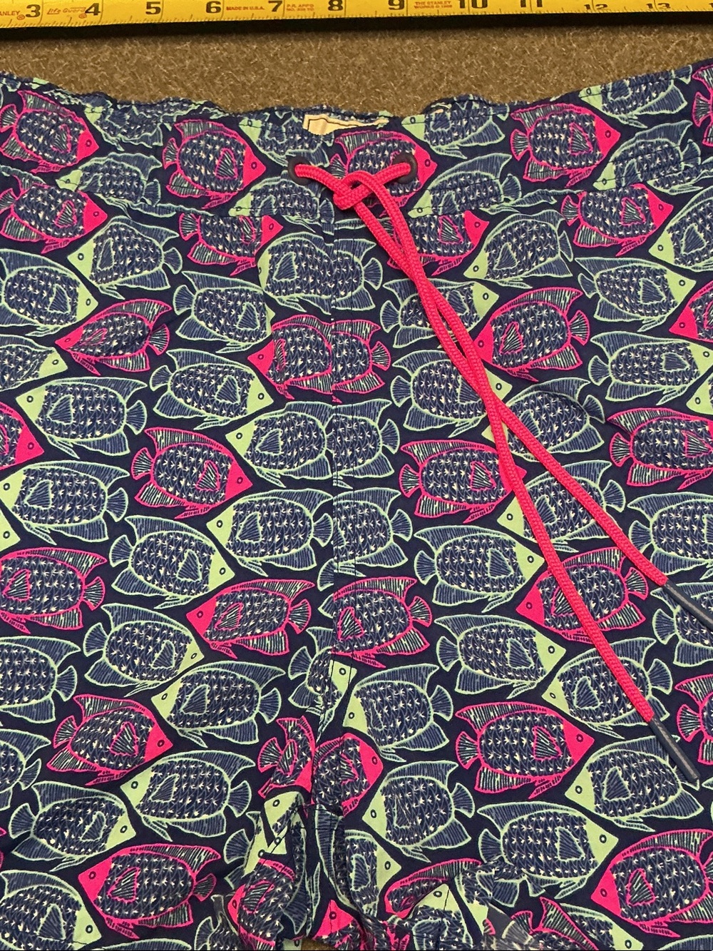 Vineyard Vines Navy Swim Shorts with Pink Drawcord and Neon Fish Print